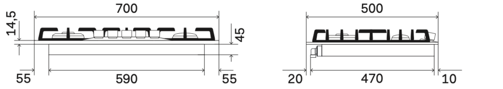 Teknisk ritning av ILVE gashäll HCB70SDN med fram- och sidovy, mått 700x500x45 mm samt synliga brännare, reglage och installationsmått.