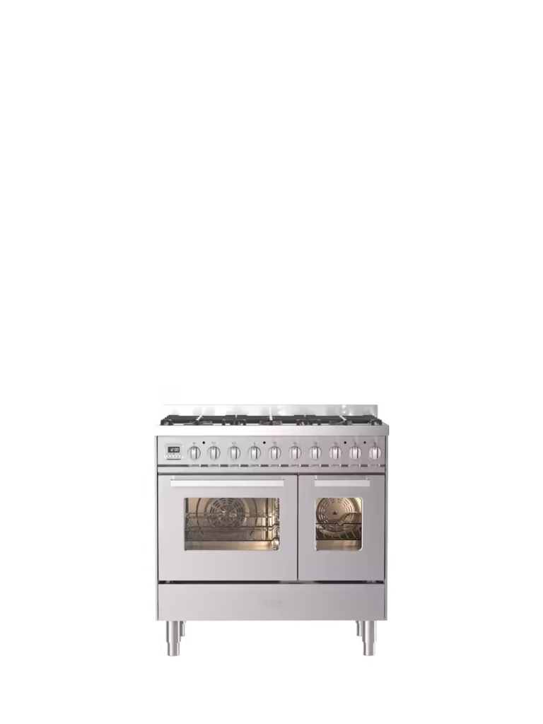 Pro Line spis i rostfritt stål, 90 cm bred, med flera reglage, två ugnsluckor och gashäll mot vit bakgrund.