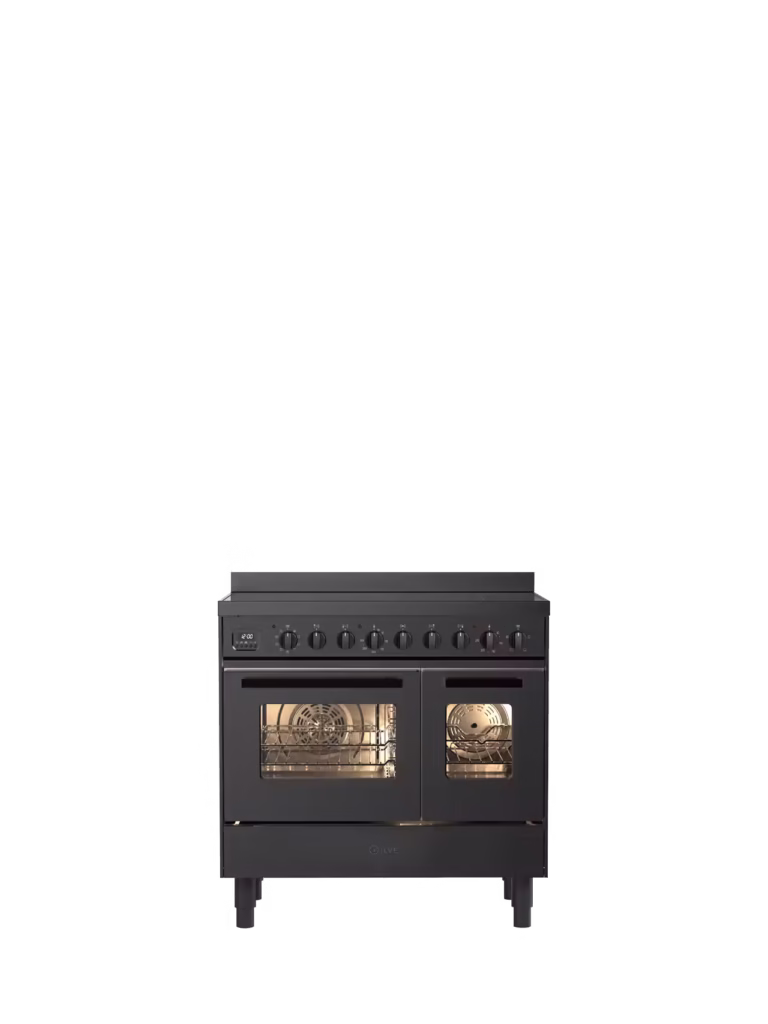 Svart Pro Line dubbelugn spis, 90 cm bred, med flera vred och två glasdörrar med belysta ugnar i modern design mot vit bakgrund.