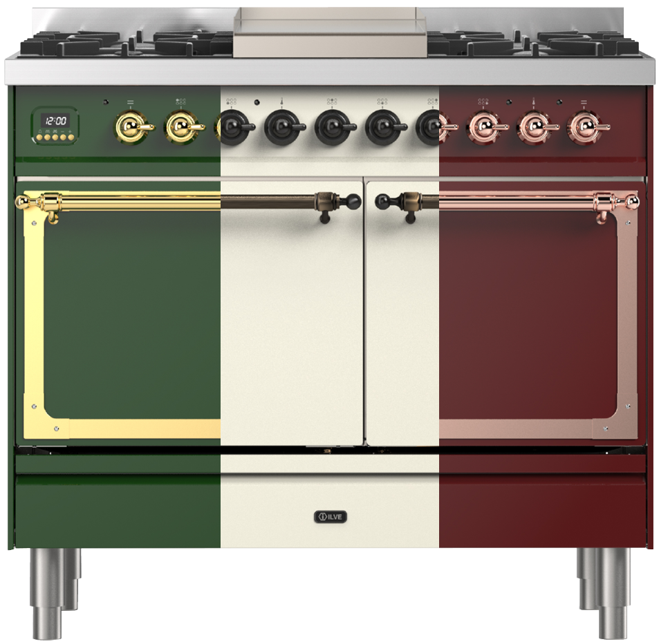 Stor spis med Italieninspirerade färger – grönt, vitt och rött – vertikalt på fronten, flera vred, hällar och dubbla ugnsluckor.