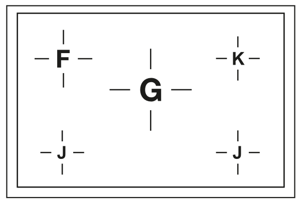 Ett stort G är centrerat i en rektangel, med F, K och två J vid hörnen omgivna av vertikala och horisontella linjer.