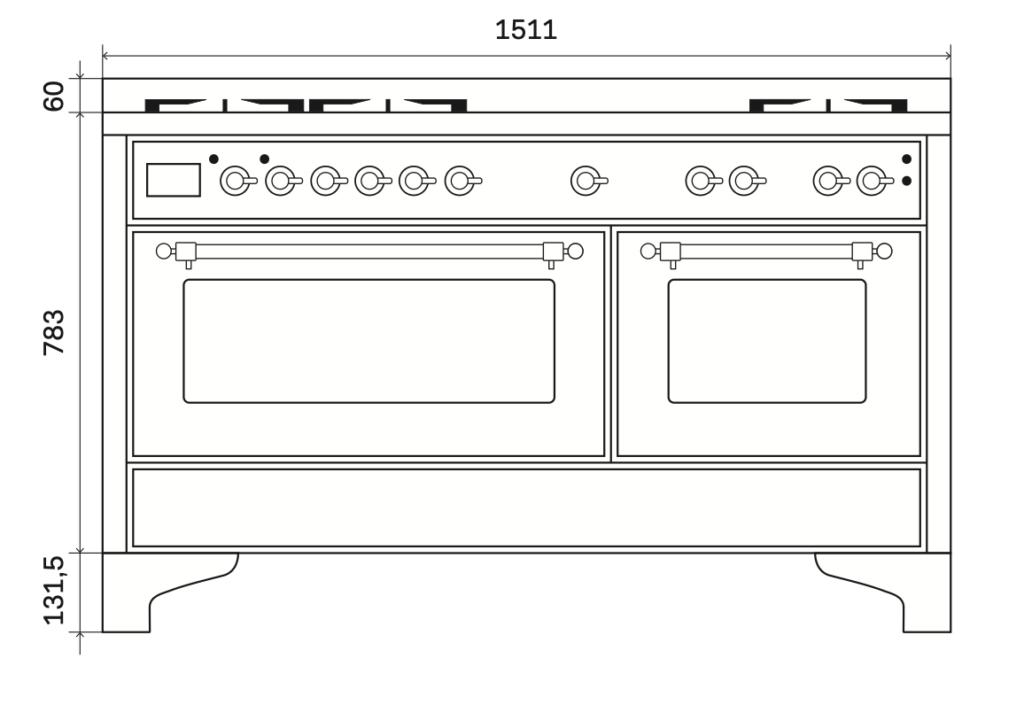 Måttskiss ILVE Majestic spis 150 med två ugnar och sex reglage, mått: bredd 1511 mm, höjd 914,5 mm, djup 700 mm.
