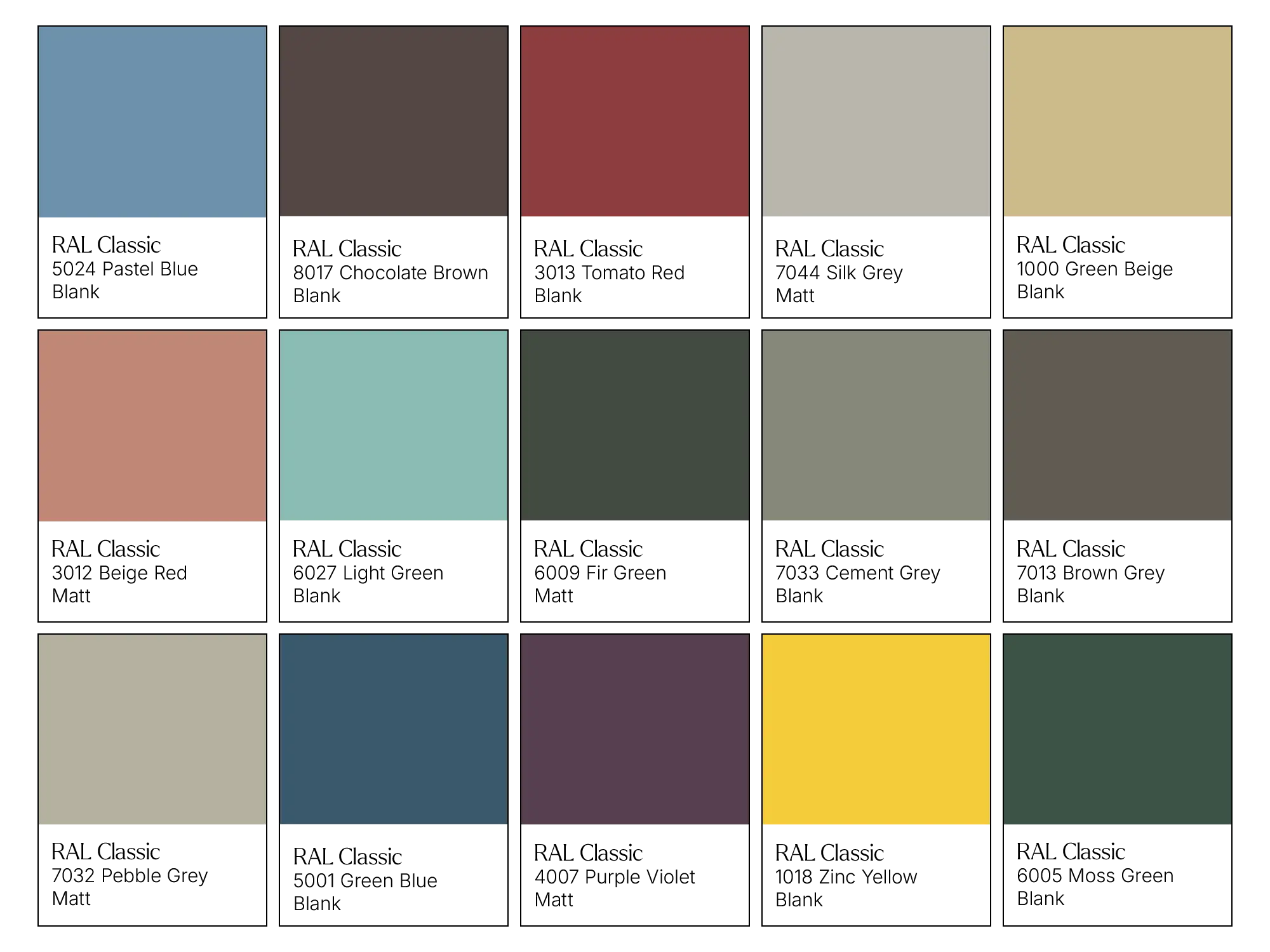 Tre rader med fem färgade rutor vardera i dämpade och klara toner på svart bakgrund, likt köksfläktpaneler.